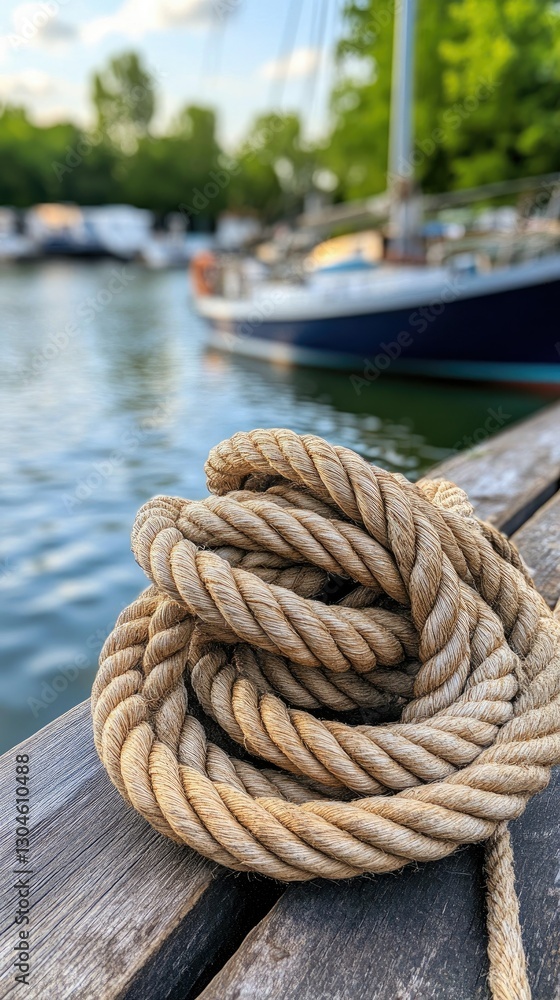 Fototapeta premium A lengthy, coiled rope lies on a wooden dock next to tranquil waters, where sailboats rest peacefully during the soft glow of late afternoon light at the marina