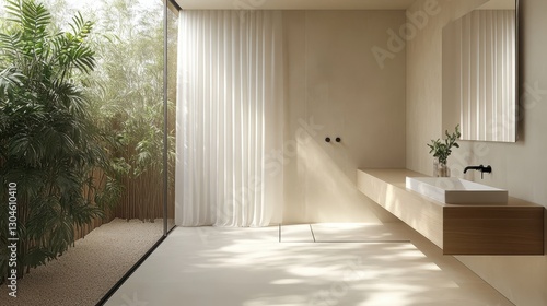 A minimalist bathroom  adorned with a sleek white shower curtain and a verdant plant  invites viewers to step into a haven of serenity  bathed in natural light.