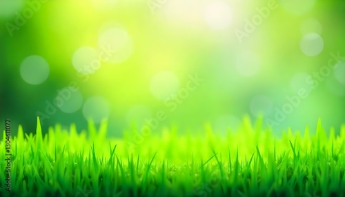 A vibrant background featuring a lush green grass foreground and a bokeh effect backdrop. The grass is vividly green, with individual blades clearly defined, creating a sense of depth and texture