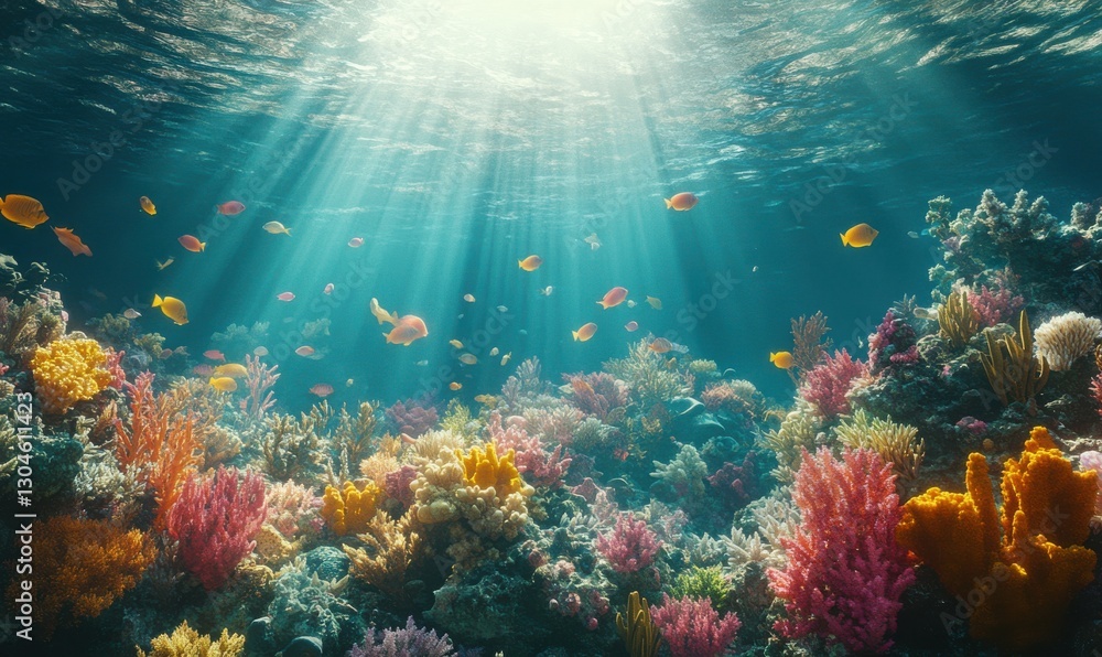 Naklejka premium Vibrant coral reef teeming with tropical fish and illuminated by sunlight filtering through crystal-clear blue water