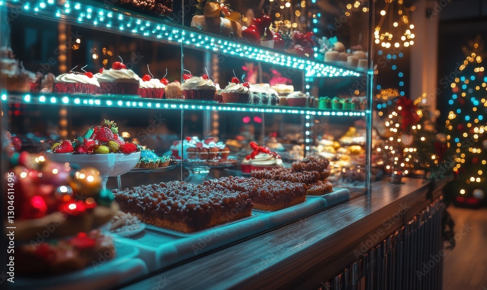 Vibrant dessert counter adorned with festive holiday decorations and glowing lights, creating a cheerful seasonal vibe Vibrant dessert counter adorned with festive holiday decorations and glowing lights, creating a cheerful seasonal vibe