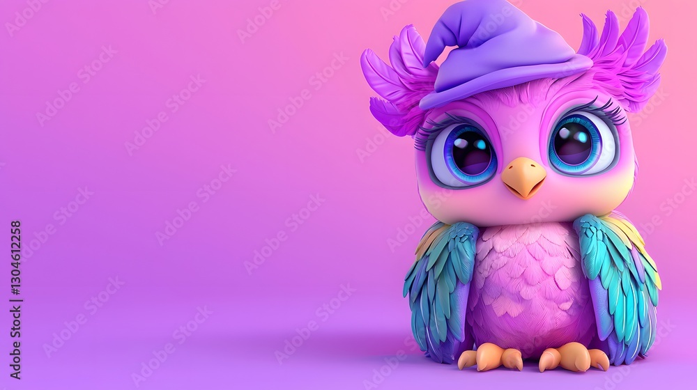 Obraz premium Adorable Pink Owl in Purple Witch Hat on Pastel Background