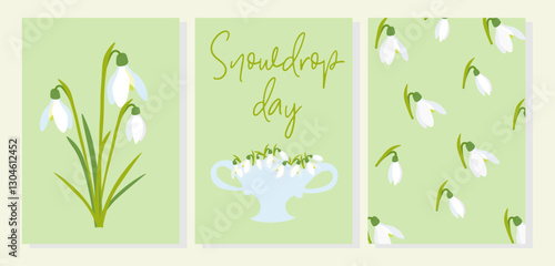 Snowdrops template set. Delicate white flowers with a minimalist, nature-inspired aesthetic. Ideal for organic products, packaging, invitations, and seasonal promotions