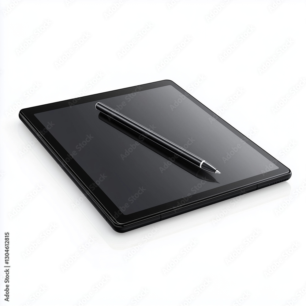 A modern black digital tablet with a stylus pen on white background A modern black digital tablet with a stylus pen on white background