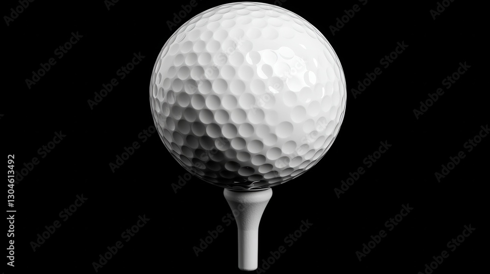 A pristine white golf ball, its dimpled texture catching the light, rests atop a tee against a stark black backdrop, its simple form and minimalist setting highlighting its timeless appeal in a golf A pristine white golf ball, its dimpled texture catching the light, rests atop a tee against a stark black backdrop, its simple form and minimalist setting highlighting its timeless appeal in a golf