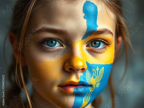 an image of a girl with a painted face and a blue and yellow face, there is a young girl with a painted face and a blue and yellow face photo