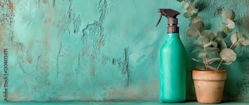 The image of a white spray bottle with eucalyptus leaves on a green background is well-suited for use in advertisements for eco-friendly cleaning products or natural home care promotions
