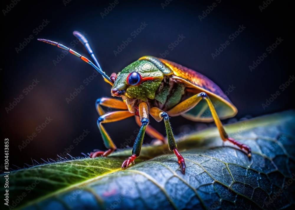 Naklejka premium Low Light Insect Macro Photography: Close-up of a Bug on a Leaf at Night