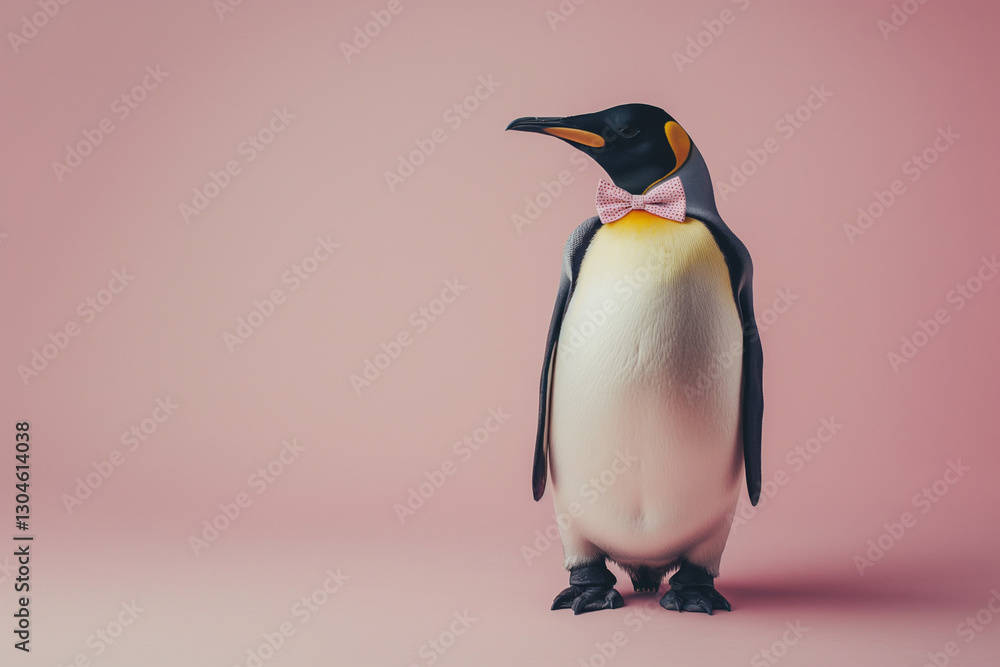 Fototapeta premium King penguin isolated on pink background. Copy space for text. Generative AI