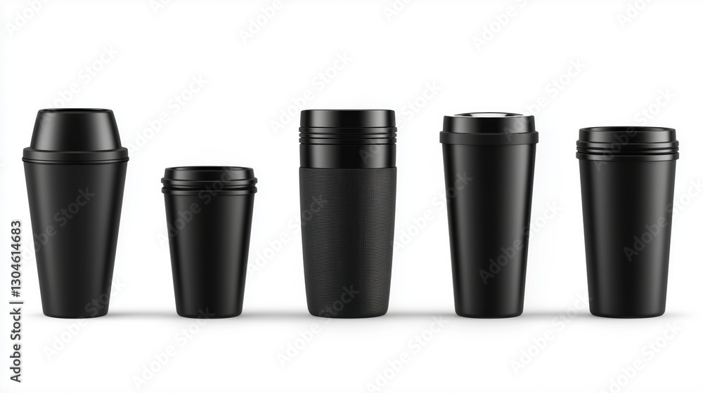various set drops black color reusable mug and tumbler made of plastic and metal. on a white background various set drops black color reusable mug and tumbler made of plastic and metal. on a white background