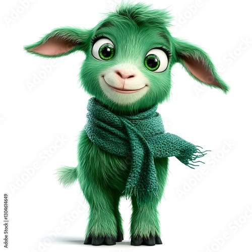 Cheerful Green Goat Kid in Teal Scarf on White
