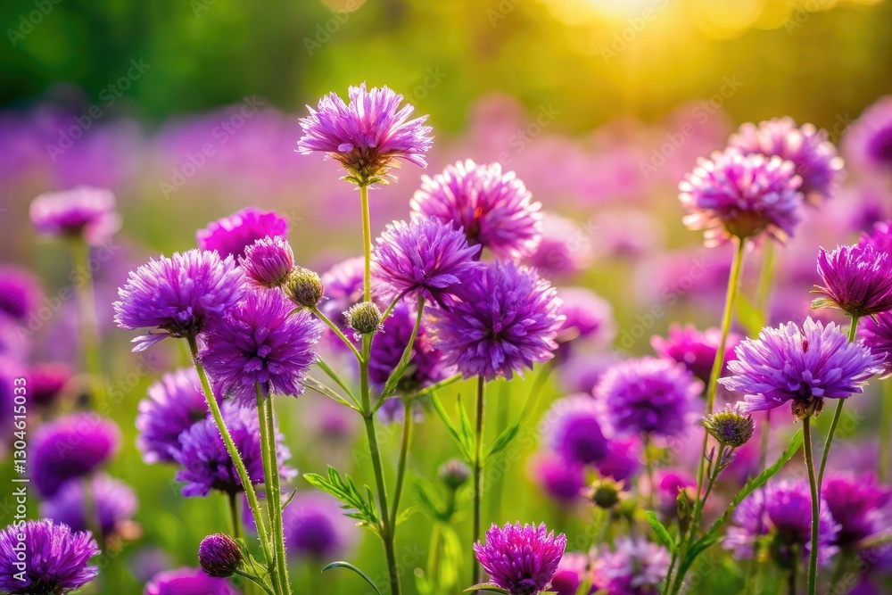 Fototapeta premium Vibrant purple wildflowers burst forth, sharply focused against a spring green backdrop.