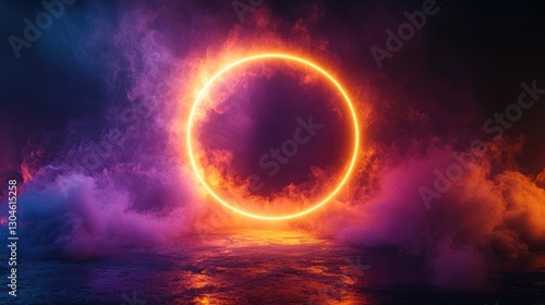 Glowing circular portal amidst vibrant smoke and fog