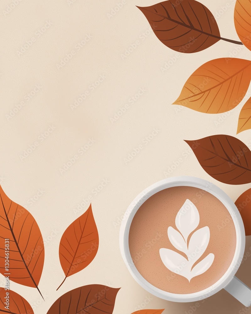 Fototapeta premium Illustration of a cup of coffee with a white flower design on it. the cup is white and is placed on a beige background. around the cup, there are several orange and brown leaves scattered around.