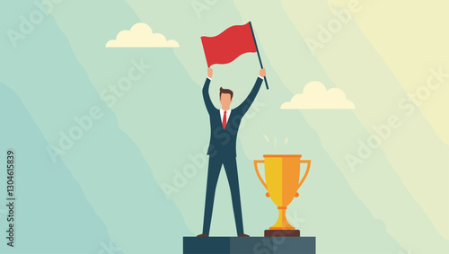 Triumphant Businessman Raising Flag on Trophy, Symbolizing Leadership Success and Determination