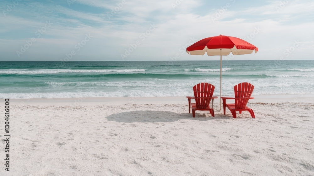 Relaxing retreat by the beach with red chairs and an umbrella under a blue sky in the early afternoon Relaxing retreat by the beach with red chairs and an umbrella under a blue sky in the early afternoon