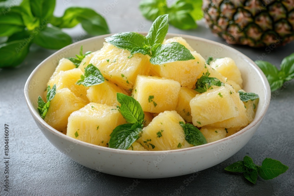 Refreshing pineapple chunks with aromatic basil leaves in a ceramic bowl on a gray background for a healthy snack Refreshing pineapple chunks with aromatic basil leaves in a ceramic bowl on a gray background for a healthy snack