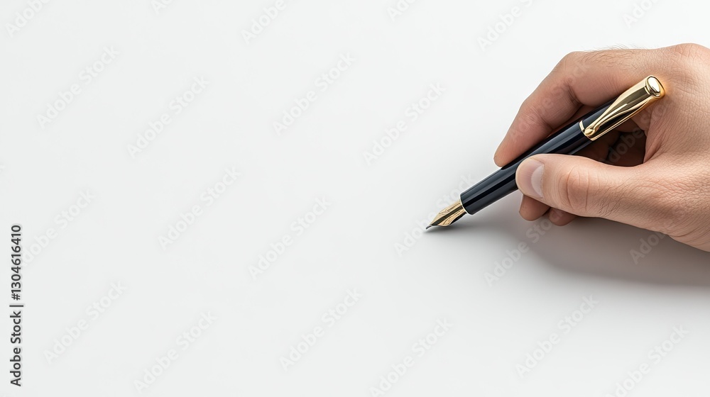 Hand holding a fountain pen poised over a blank sheet of paper ready to write in a minimalist workspace setting during the daytime Hand holding a fountain pen poised over a blank sheet of paper ready to write in a minimalist workspace setting during the daytime