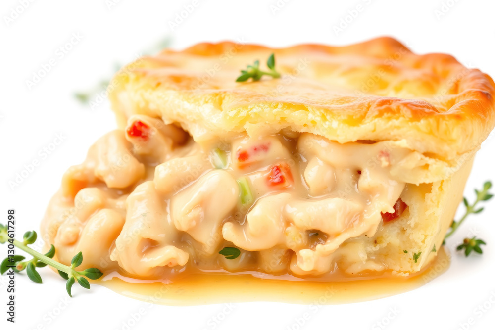A serving of savory chicken pot pie with a flaky, golden crust and hearty filling. Isolated on pure white background A serving of savory chicken pot pie with a flaky, golden crust and hearty filling. Isolated on pure white background