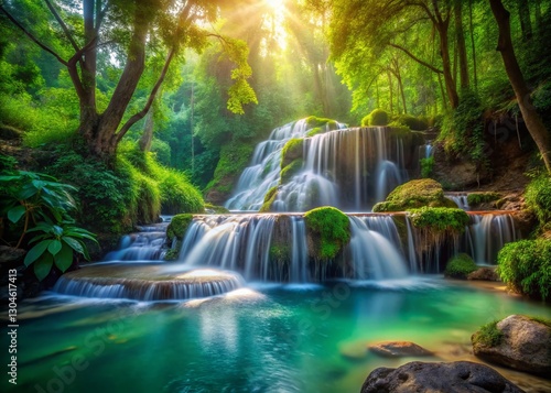 Lush Emerald Pa Ton Nam Waterfall in Jungle, Tilt-Shift Miniature Photography
