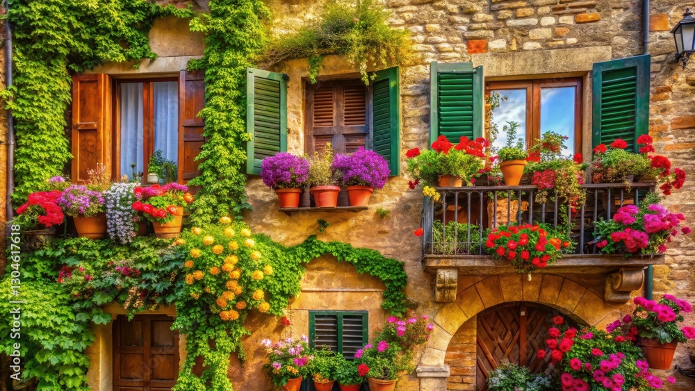 Fototapeta premium Montepulciano Tuscany Italy: Sunny Summer Balcony Flowers, Architecture, Closeup Window View