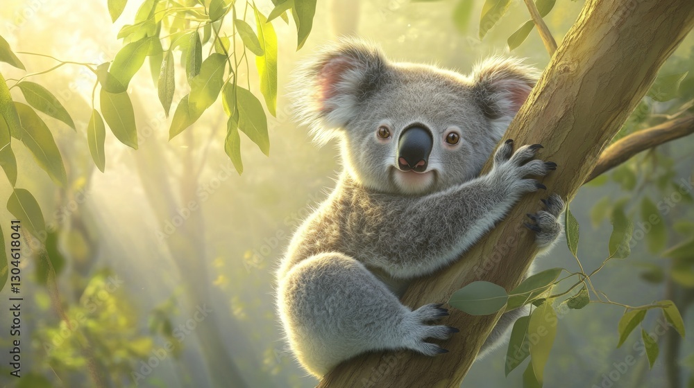 Fototapeta premium Adorable koala perched on a eucalyptus tree branch, bathed in sunlight.