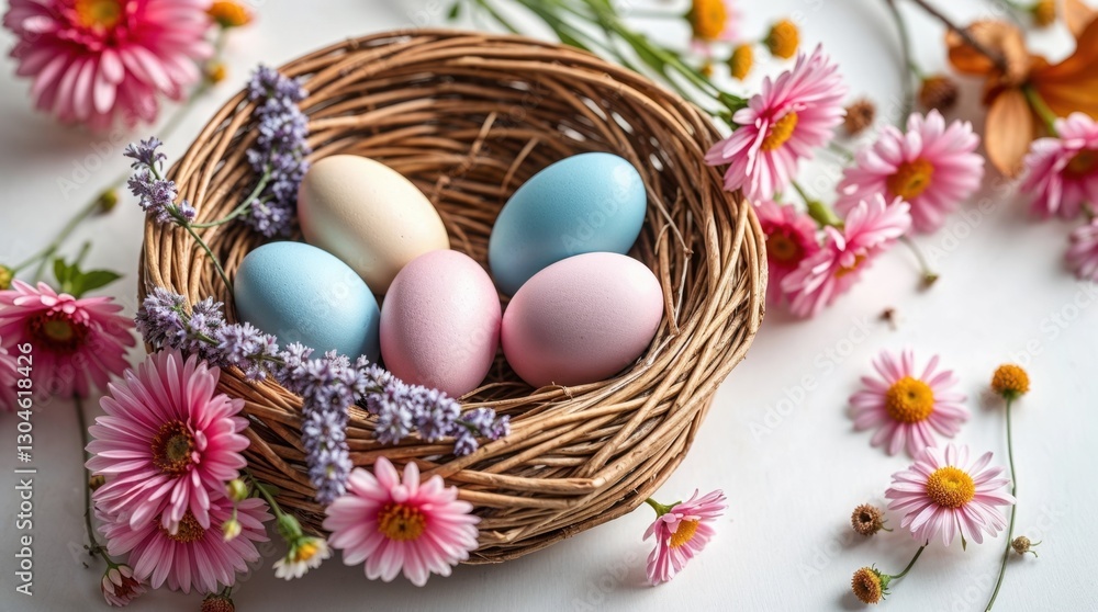 wicker nest filled with pastel-colored Easter eggs wicker nest filled with pastel-colored Easter eggs
