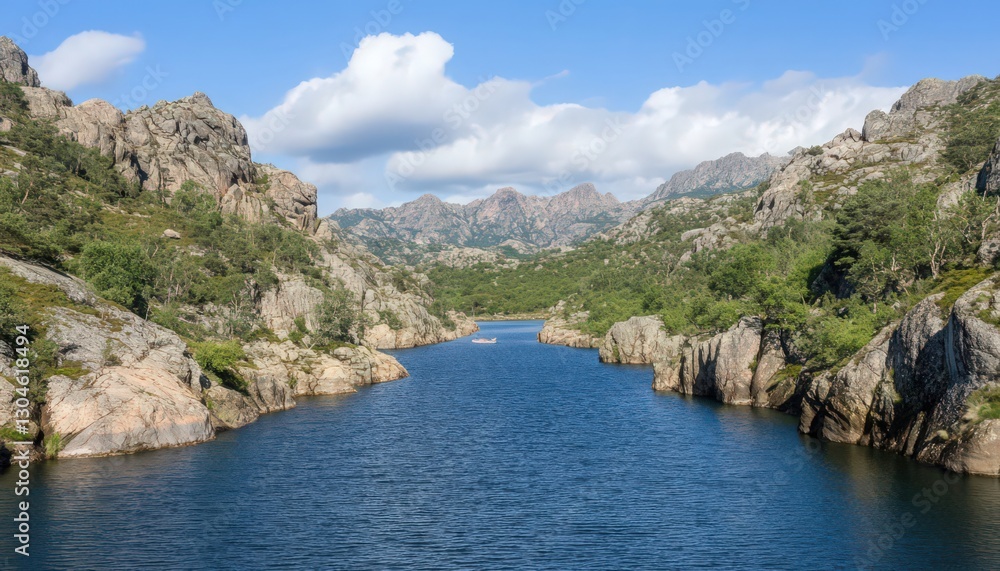 Tranquil Blue Lake Surrounded by Lush Green Mountains under a Sunny Sky Tranquil Blue Lake Surrounded by Lush Green Mountains under a Sunny Sky
