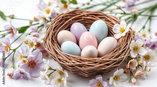 wicker nest filled with pastel-colored Easter eggs