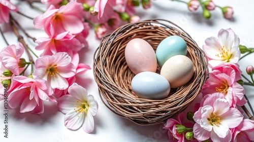 wicker nest filled with pastel-colored Easter eggs