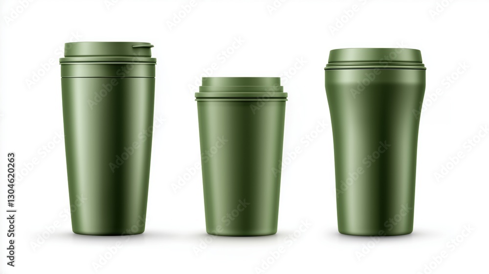 various set drops green color reusable mug and tumbler made of plastic and metal. on a white background various set drops green color reusable mug and tumbler made of plastic and metal. on a white background