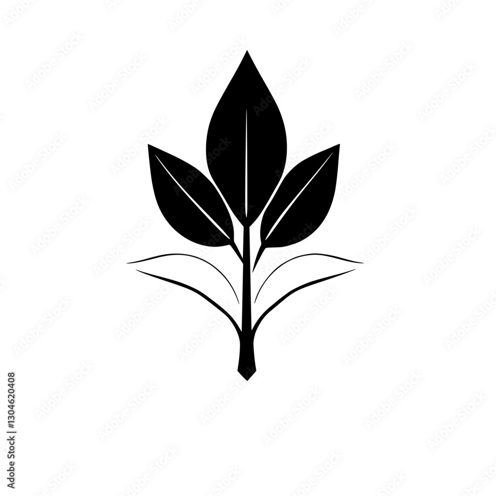 Black and white minimalist representation of a plant with three large leaves, set against a white background. Black and white minimalist representation of a plant with three large leaves, set against a white background.