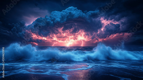 Fototapeta Naklejka Na Ścianę i Meble -  Pixelated Ocean Waves Crashing Under A Dramatic Stormy Sky With Red And Blue Lightning Reflection On The Water