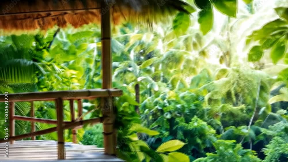 Serene Jungle Haven: A bamboo hut with thatched roof offers a tranquil escape into the heart of a vibrant tropical jungle. lush greenery, sunlight, and a sense of peaceful seclusion. Serene Jungle Haven: A bamboo hut with thatched roof offers a tranquil escape into the heart of a vibrant tropical jungle. lush greenery, sunlight, and a sense of peaceful seclusion.