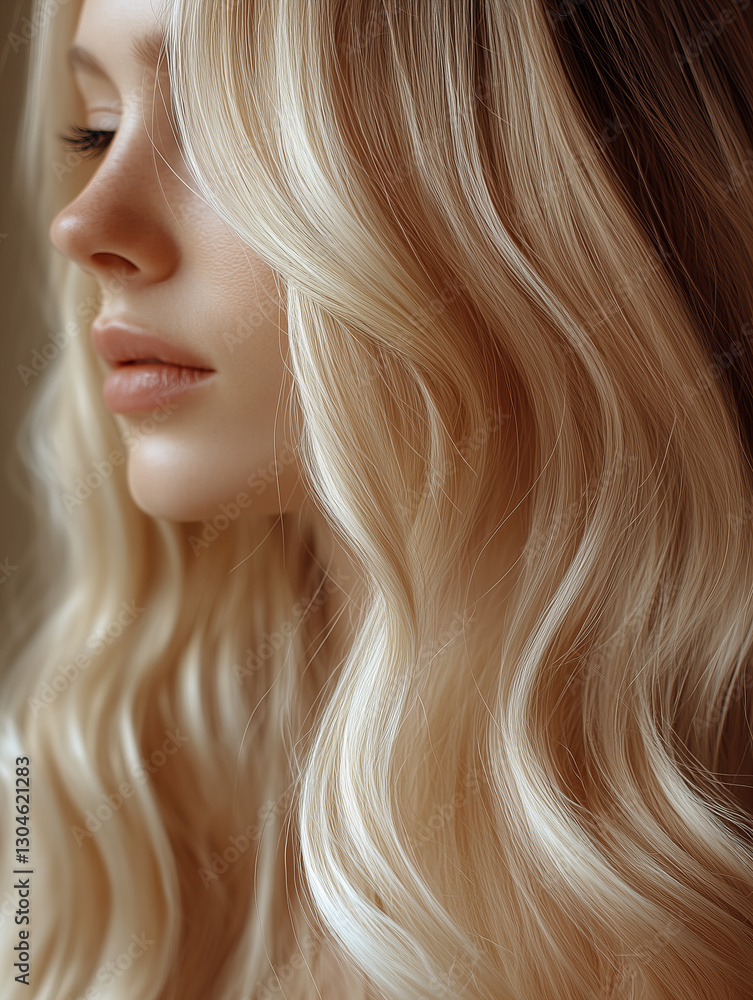 Profile Portrait of a Young Woman with Blonde Wavy Hair and Glowing Skin in Soft Lighting Profile Portrait of a Young Woman with Blonde Wavy Hair and Glowing Skin in Soft Lighting