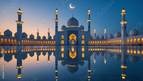 Majestic Mosque Reflection with Crescent Moon at Night, Islamic Architecture and Spirituality
 photo