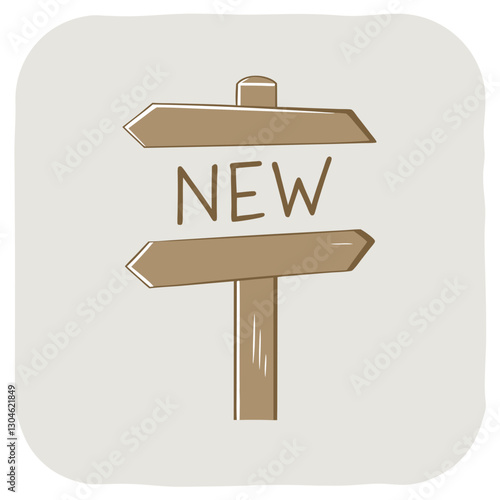 Flat wooden directional sign with "NEW" text.