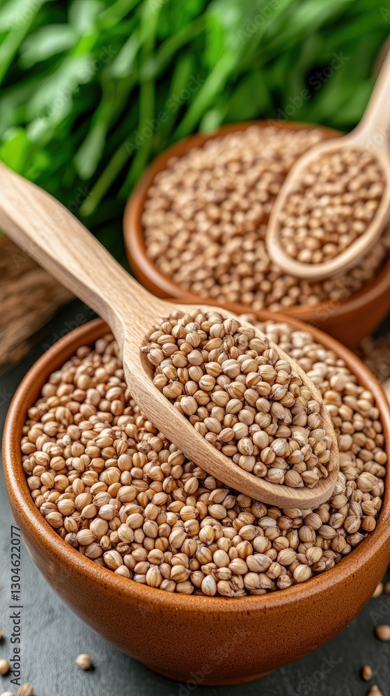 Natural coriander seeds displayed in wooden bowls with wooden spoons, highlighting their texture and color against a vibrant green background Natural coriander seeds displayed in wooden bowls with wooden spoons, highlighting their texture and color against a vibrant green background