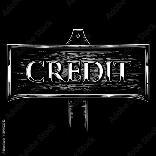 Black and white vintage wooden sign with "CREDIT" text.