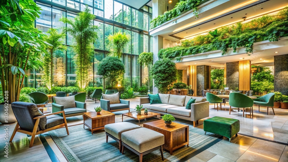 Fototapeta premium Luxurious Hotel Lobby with Garden View: Elegant Seating & Lush Greenery