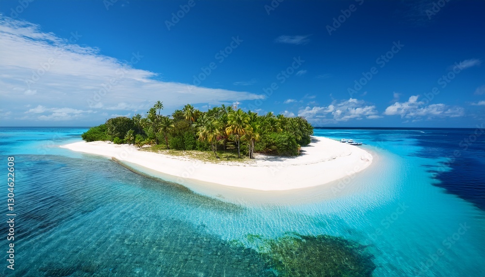 Fototapeta premium Secluded island with pristine white sandy beaches, surrounded by vibrant blue ocean, soft waves lapping the shore, offering a peaceful, tropical escape in paradise. 