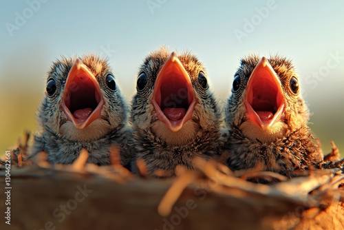 A brood of famished baby birds perch in their nest on a flowering tree, their mouths agape in anticipation of being fed, while the young birds let out plaintive cries