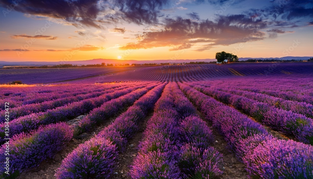 Obraz premium Rolling lavender fields in Provence at sunset, vibrant purple tones blending with the warm golden light, creating a peaceful, aromatic atmosphere in the heart of the French countryside. 