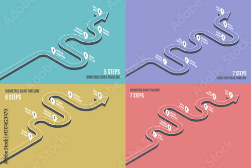 Isometric navigation map infographic 5-7 steps timeline concept.