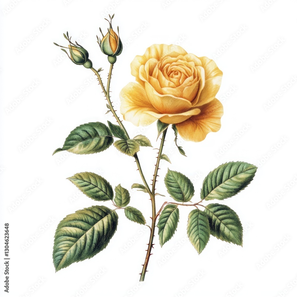 Obraz premium Single yellow rose with buds and leaves.