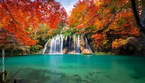 Majestic waterfall cascading into an emerald lake, framed by vibrant autumn foliage. The scene captures the beauty of nature’s transition, with colorful leaves reflecting in the tranquil water.
