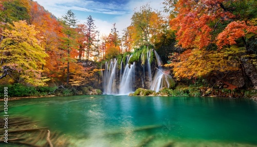 Majestic waterfall cascading into an emerald lake, framed by vibrant autumn foliage. The scene captures the beauty of nature’s transition, with colorful leaves reflecting in the tranquil water.
