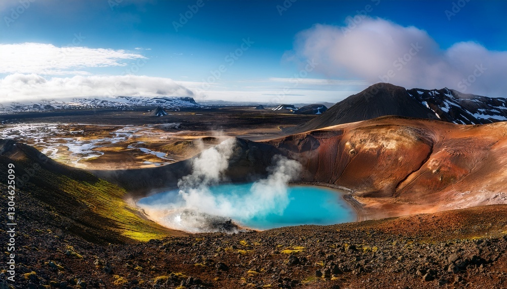 Naklejka premium Icelandic volcanic landscape featuring steaming hot springs, deep blue crater lakes, and rugged lava fields, showcasing the raw beauty and geological power of the island’s natural wonders. 