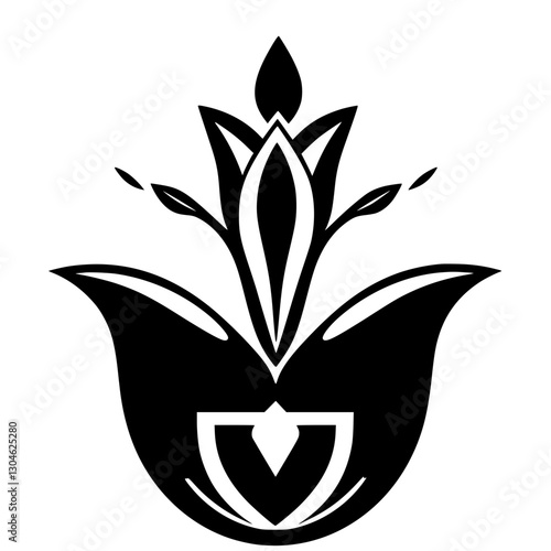 A symmetrical black and white floral illustration that shows the essence of the flower with leaves, a minimalist design.