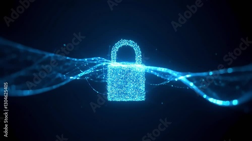 Futuristic digital padlock representing quantum encryption and cybersecurity. Glowing blue particles form a secure lock symbolizing advanced data protection and secure communication cryptography